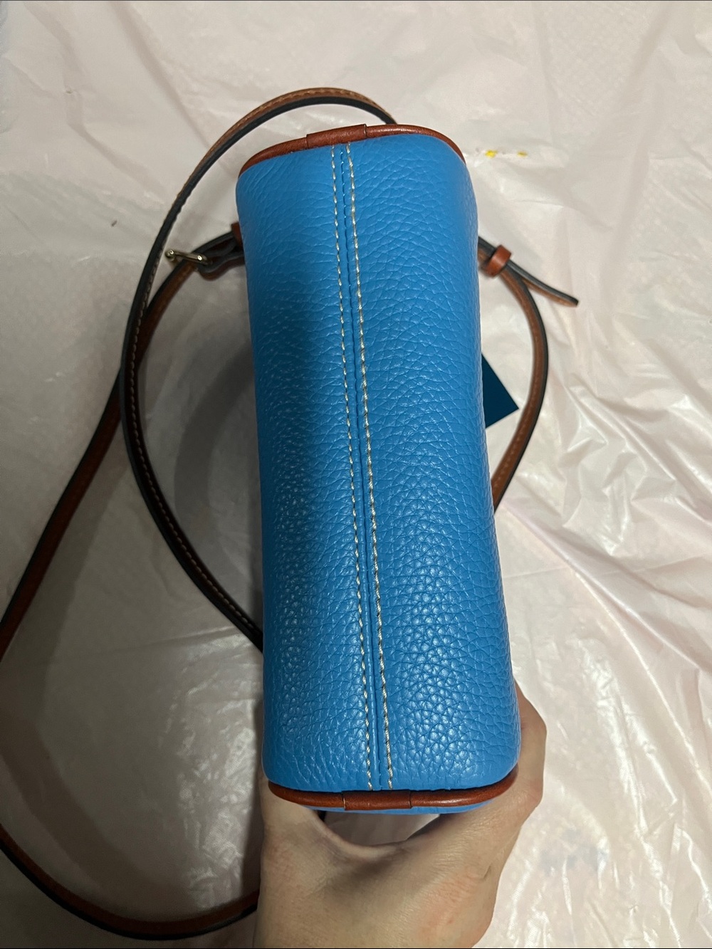 Dooney & Bourke Pebble Leather Crossbody in Bright Blue with Brown Trim - Picture 3 of 5